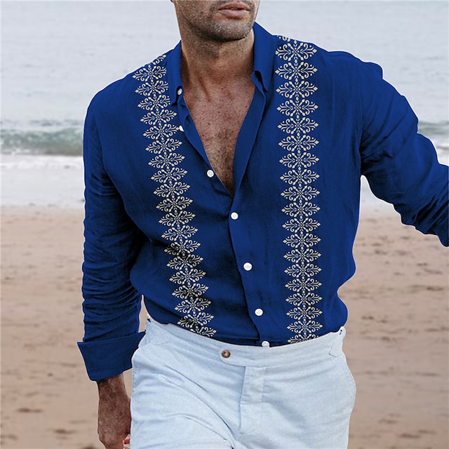  Men's Linen Shirt Summer Shirt Beach Shirt Black Red Blue Long Sleeve Bohemian Turndown Spring & Summer Casual Daily Clothing Apparel Print