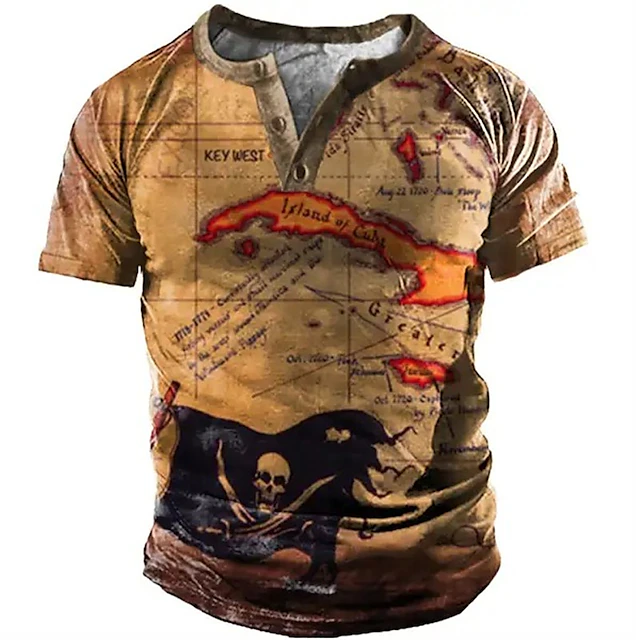Men's Henley Shirt Tee Graphic Map Pirate Henley Clothing Apparel 3D ...