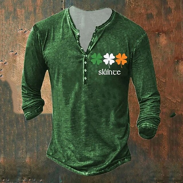 St.Patrick's Day st paddys Men's Henley Shirt Tee Graphic Four Leaf Clover St. Patrick's Day Henley Clothing Apparel 3D Print Outdoor Casual Long Sleeve Button-Down Print Fashion Designer2