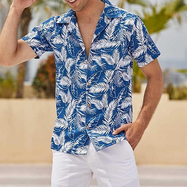 Men's Shirt Summer Hawaiian Shirt Graphic Prints Leaves Turndown Blue ...