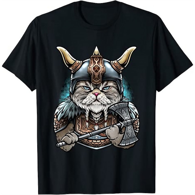  Vikingos Gato guerreros T-Shirt Anime Clásico Estilo callejero Para Pareja Hombre Mujer Adulto Estampado en caliente Casual Diario