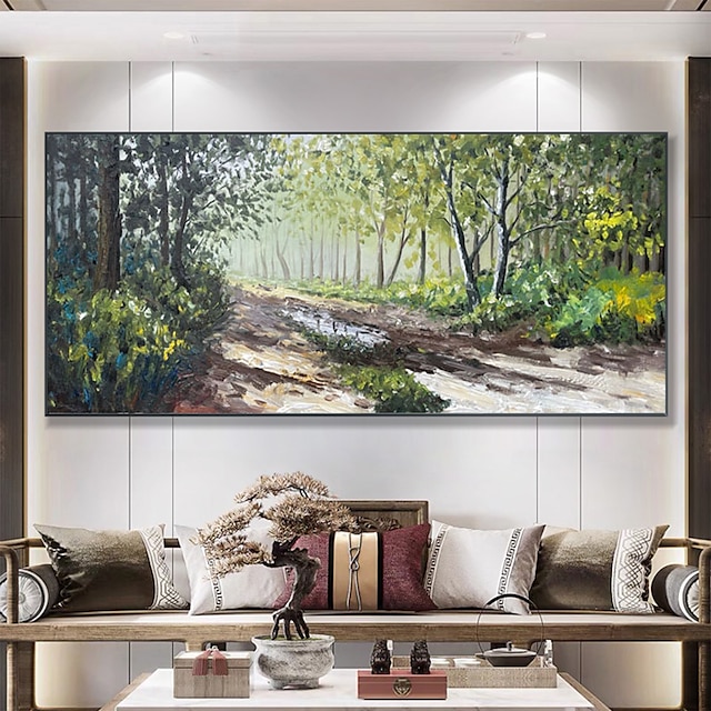  ציור שמן בעבודת יד בד אמנות קיר דקור מופשט ציור יער ירוק ציור נוף מקורי לעיצוב הבית עם מסגרת מתוחה/ללא ציור מסגרת פנימית