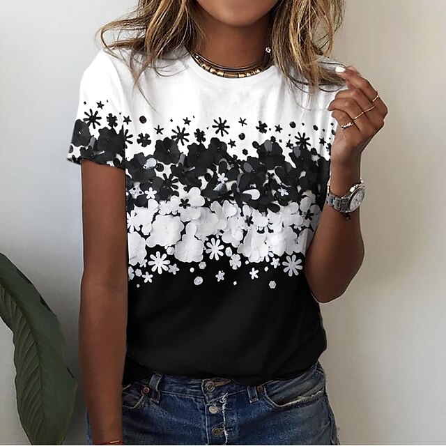  Women's T shirt Tee Black Floral Print Short Sleeve Holiday Weekend Basic Round Neck Regular Floral Painting S