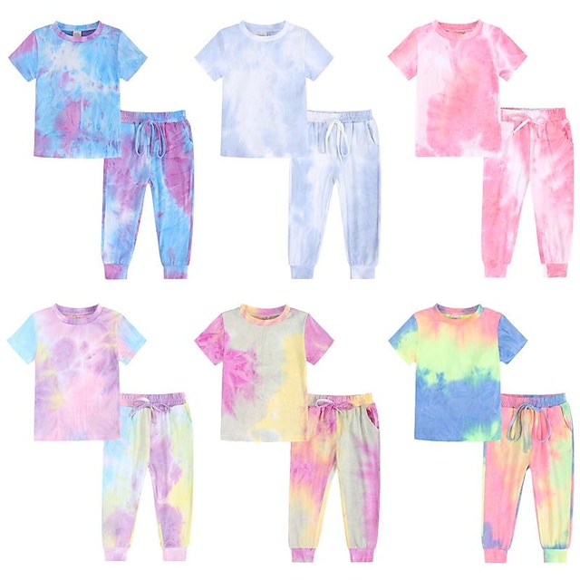  Kids Girls' Pajama Set Short Sleeve XTZ8390Y XTZ8390P XTZ8390B Color Block Crewneck Summer Spring Cool Home 3-7 Years