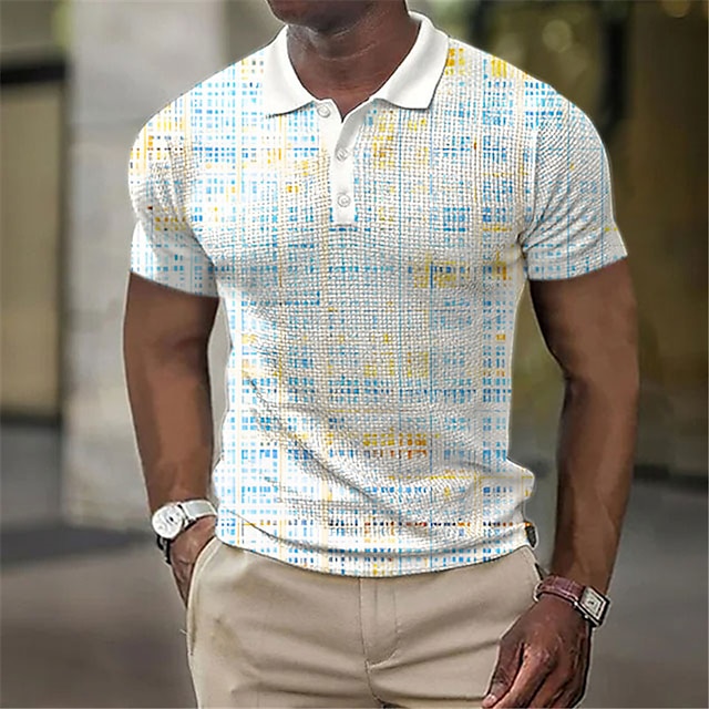 Men's Polo Shirt Golf Shirt Plaid Graphic Prints Turndown White Yellow ...