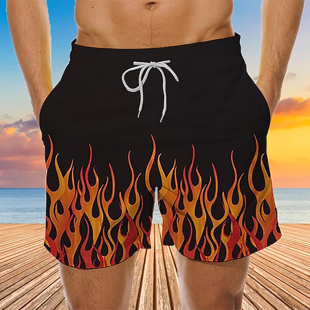  Men's Optical Illusion Print Flame Swim Trunks Swim Shorts Board Shorts Hawaiian Holiday Drawstring with Mesh lining Elastic Waist Designer Clothing Apparel