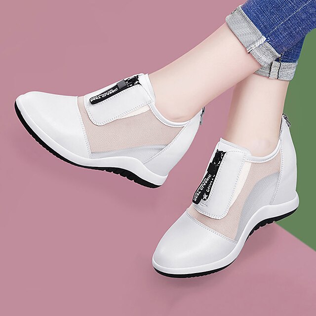  Women's Sneakers Height Increasing Shoes Outdoor Daily Platform Wedge Heel Round Toe Casual Minimalism Mesh Loafer Slogan Black White