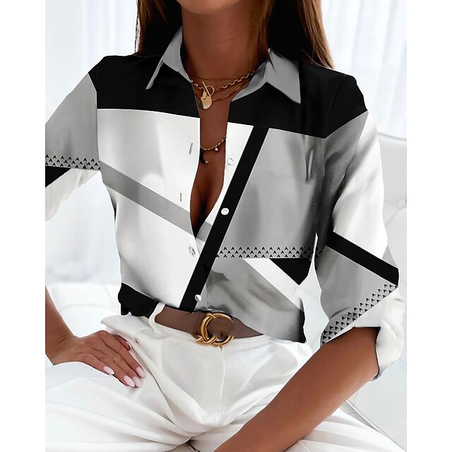  Women's Shirt Blouse Gray Button Print Geometric Casual Daily Long Sleeve Shirt Collar Basic Regular Geometric S