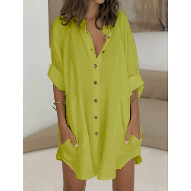 Women's Shirt Dress Casual Dress Mini Dress White Green Long Sleeve