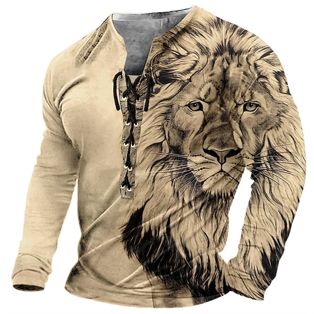  Herren T Shirt Tee Graphic Löwe Kragen Bekleidung 3D-Druck Casual Täglich Langarm mit Schnürung Bedruckt Modisch Designer Stilvoll Vintage