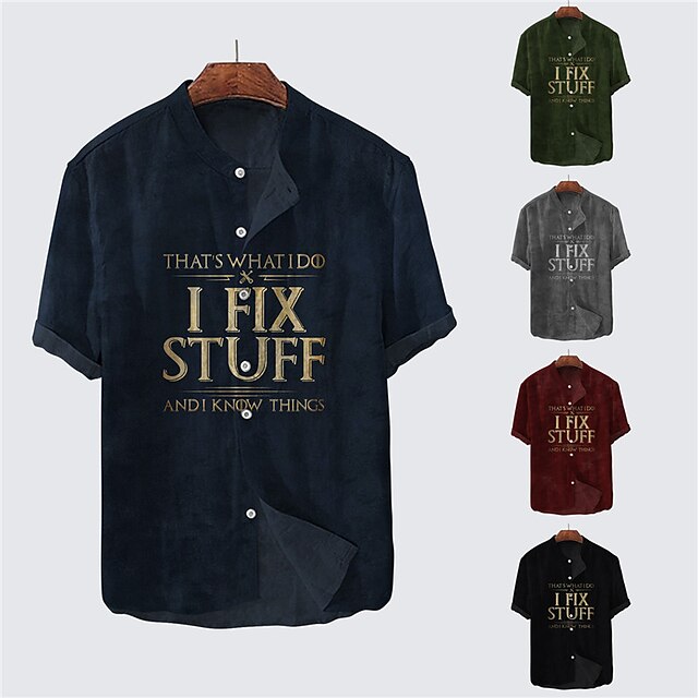  Men's Shirt Letter Graphic Prints Vintage Stand Collar Black Wine Navy Blue Green Gray Outdoor Street Short Sleeve Button-Down Print Clothing Apparel Fashion Designer Casual Comfortable