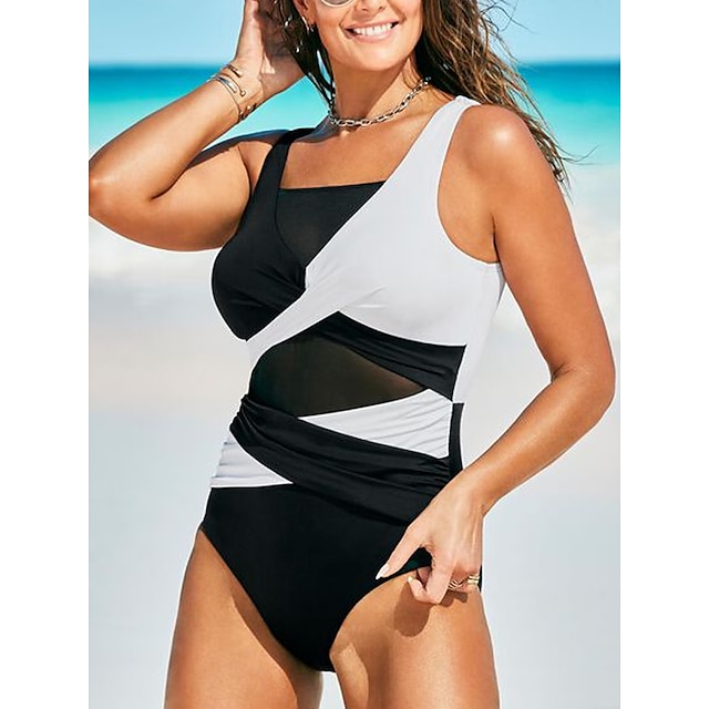  Women's Swimwear One Piece Normal Swimsuit Quick Dry Color Block Black Bodysuit Bathing Suits Sports Beach Wear Summer