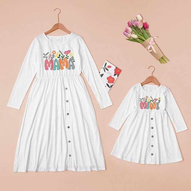  Mommy and Me Dresses Floral Letter Outdoor Button White Long Sleeve Midi Mommy And Me Outfits Adorable Matching Outfits
