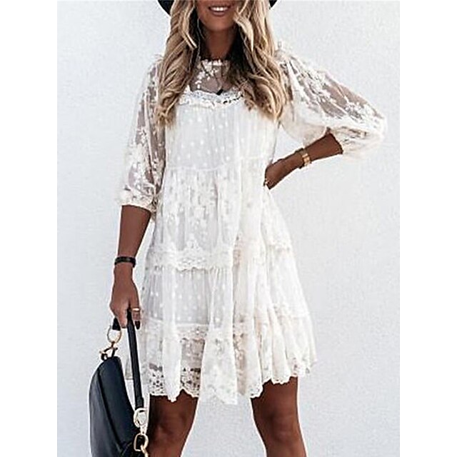 Women's Casual Dress Plain Lace Dress Summer Dress Crew Neck Lace ...