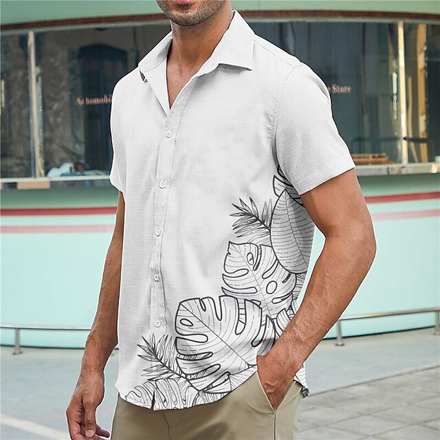  Men's Shirt Summer Hawaiian Shirt Graphic Prints Leaves Turndown Black White Pink Navy Blue Blue Outdoor Street Short Sleeves Button-Down Print Clothing Apparel Linen Sports Fashion Streetwear