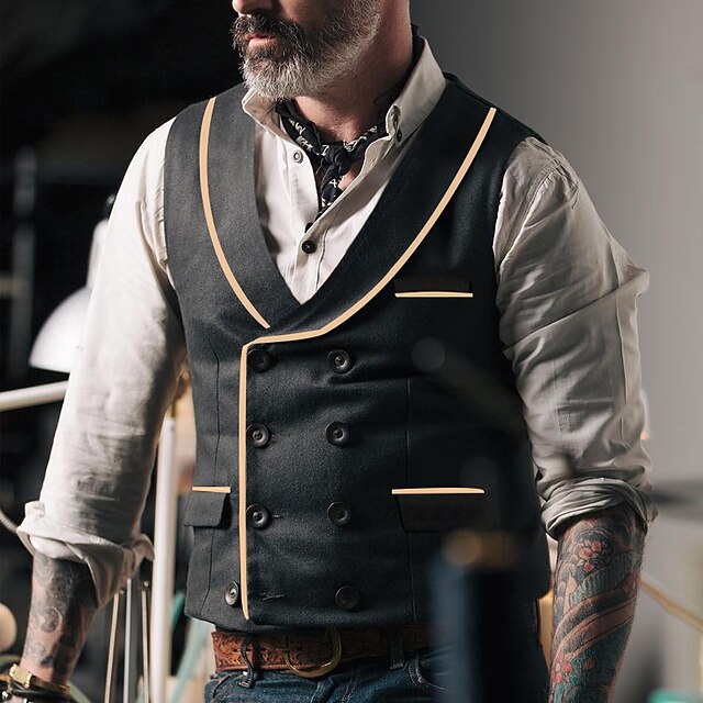 Men's Vest Gilet Wedding Business Daily Business Casual Spring Fall Pocket Polyester Breathable Plain Double Breasted Turndown Regular Fit Black Vest3