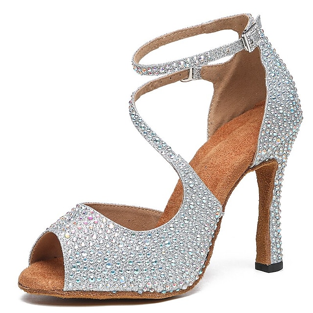  Women's Latin Shoes Training Professional Ballroom Dance Pumps Glitter Crystal Sequined Jeweled Party Heels Contemporary Dance Sparkling Glitter Glitter Sequin High Heel Peep Toe Lace-up Ankle Strap