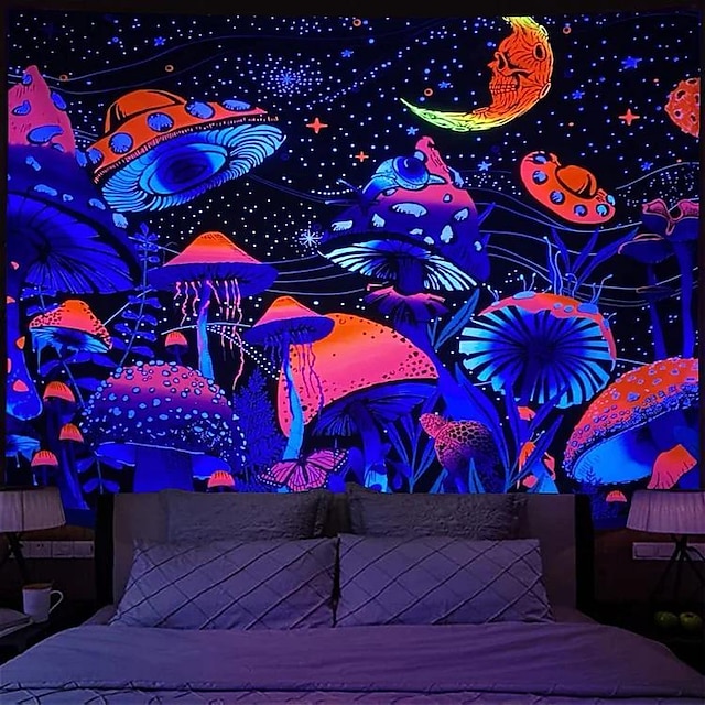 Trippy Mushroom Black Light Tapestry UV Reactive Psychedelic Moon ...