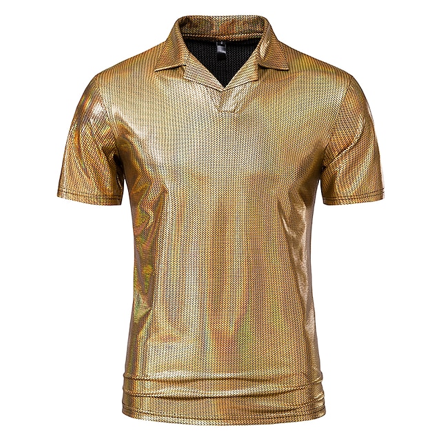  Herr POLO Shirt Golftröja Nattklubb Kubansk krage Kavajslag Kortärmad Ledigt Vågiga Originell Knapp Fram Normal Silver Svart Guld POLO Shirt