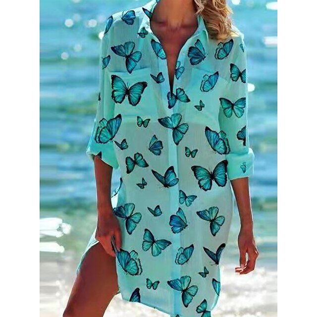  Women's Shirt Dress Beach Dress Beach Wear Button Pocket Mini Dress Butterfly Fashion Casual 3/4 Length Sleeve Turndown Outdoor Daily Loose Fit Black Green 2023 Spring Summer S M L XL