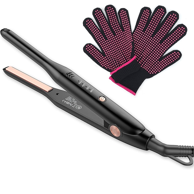  Plancha pequeña para bordes Plancha de pelo tipo lápiz para cabello corto y cabello largo Plancha pequeña de 3/10 de pulgada con ajustes de temperatura ajustables y doble voltaje con guantes