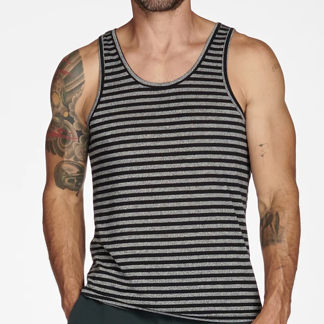 Men's Tank Top Vest Top Undershirt Stripe Crew Neck Athleisure Vacation Sleeveless Clothing
