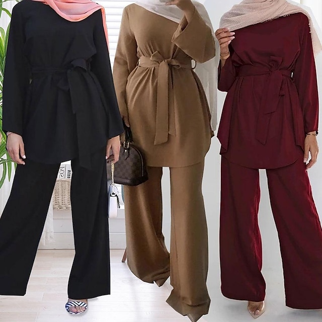  2 Pcs Muslim Outfit Top Pants Straight Leg Trousers Arabian Muslim Adults Women's Religious Saudi Arabic Top Pants Outfits For Ramadan