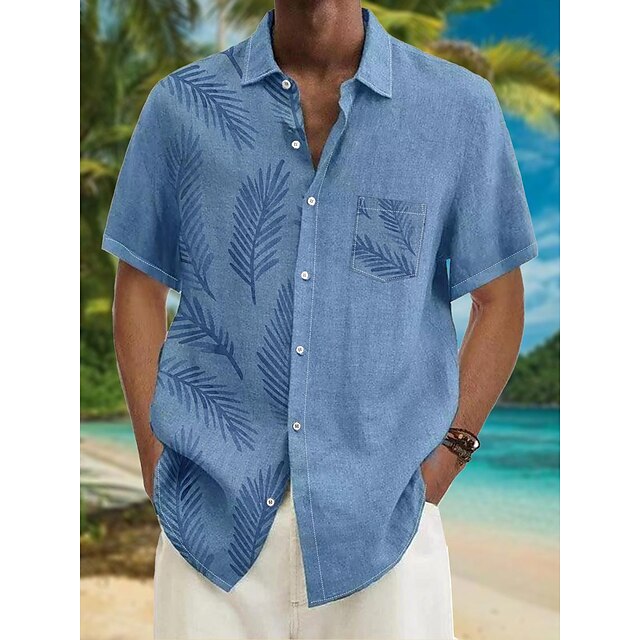  Men's Shirt Summer Hawaiian Shirt Graphic Prints Leaves Turndown Blue Outdoor Street Short Sleeves Button-Down Print Clothing Apparel Linen Tropical Fashion Hawaiian Designer