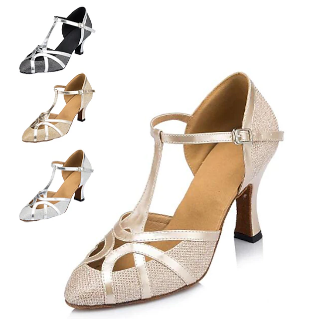 Women's Ballroom Dance Shoes Modern Shoes Performance Training Party Heel Splicing Thick Heel T-Strap Silver Black Gold 17