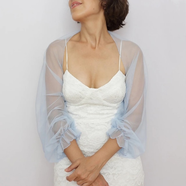  Mesh bolero Długi Puff Rękaw z falbanami Przezroczysta okrycia Ramka Tkanina tiulowa Bolero Panny młodej Organza Gość weselny Moda Kobieca Wrap Ochrona przed słońcem Wszystko dopasowane Wiosna i Lato
