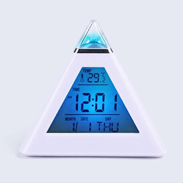  שעוני שולחן משולשים 7 צבעים משתנים תצוגת לד טמפרטורת שבוע שעון מעורר דיגיטלי שעוני עיצוב שולחן שעוני חדר שעון ליד המיטה
