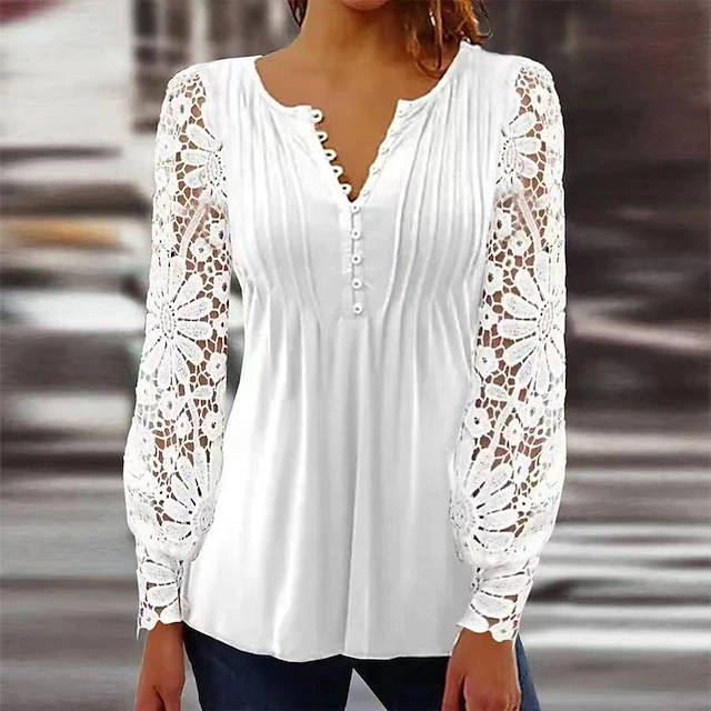 Women's Cotton Lace Shirt Blouse Dressy Tops Elegant Fashion Basic Solid Color Pleated Patchwork Long Sleeve Regular Tops Notched Neck Casual Daily White Red Spring Fall 6