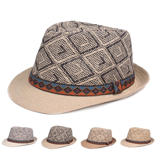 Men's Straw Hat Black Blue Licorice Braided Streetwear Stylish Casual Daily Outdoor clothing Holiday Diamond Pattern Sunscreen Breathability 9