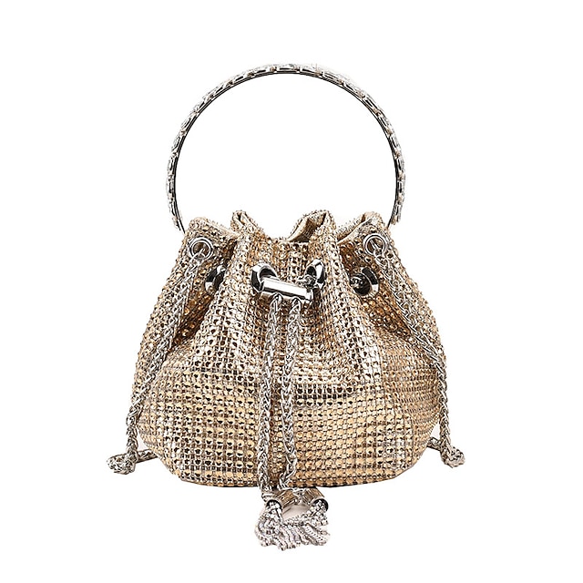  γυναικεία βραδινή τσάντα bucket bag clutch bag για βραδινό νυφικό γάμο με κρύσταλλα μεγάλης χωρητικότητας σε ασημί μαύρο χρυσό