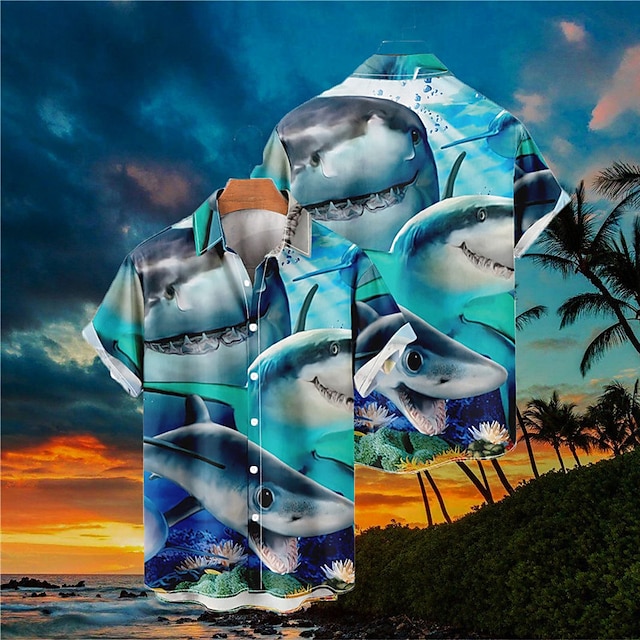  Men's Shirt Summer Hawaiian Shirt Animal Shark Graphic Prints Turndown Blue Outdoor Street Short Sleeves Button-Down Print Clothing Apparel Sports Fashion Streetwear Designer