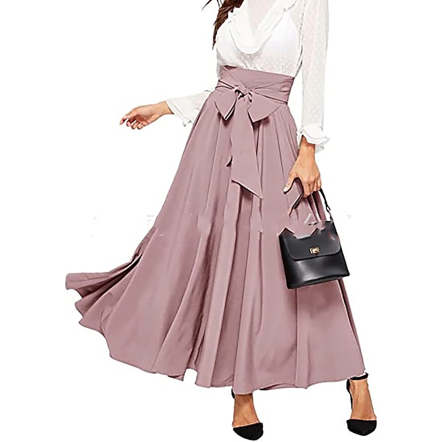 Women's Swing Pleated Work Skirts Maxi Cotton Blend Black Yellow Pink ...