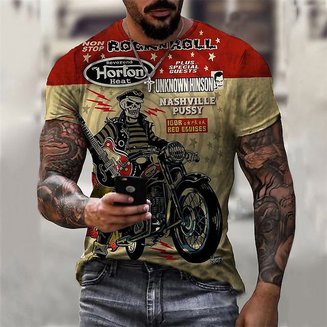  Herre Grafisk Hodeskaller T skjorte T-skjorter Motorsykkel T-skjorte Kortermet T skjorte 3D-utskrift Crew-hals Skjorte Årgang Mote Designer utendørs Avslappet Daglig Brun Vår sommer Klær S M L XL 2XL