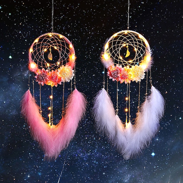 LED Dream Catcher Wall Decor Battery Powered Creative Weaving Feathers Wind Chime Lights Home Bedroom Girl Room Decoration Lamp Best Birthday Gift for Friends