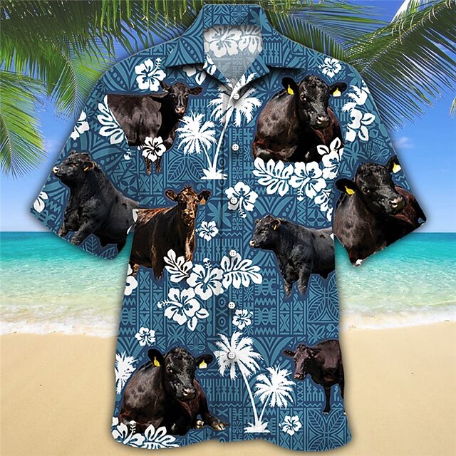 Men's Floral Cow Tropical Shirt Summer Hawaiian Shirt Aloha Shirt Short Sleeve Shirt Turndown Tropical Fashion Hawaiian Casual Hawaiian Holiday Blue S M L2