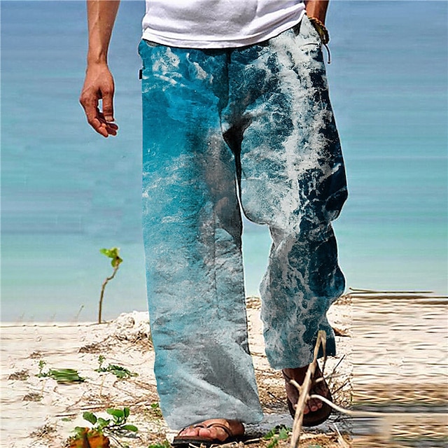  Men's Trousers Summer Pants Beach Pants Drawstring Elastic Waist Straight Leg Graphic Prints Spray Comfort Casual Daily Holiday Streetwear Hawaiian Blue Brown