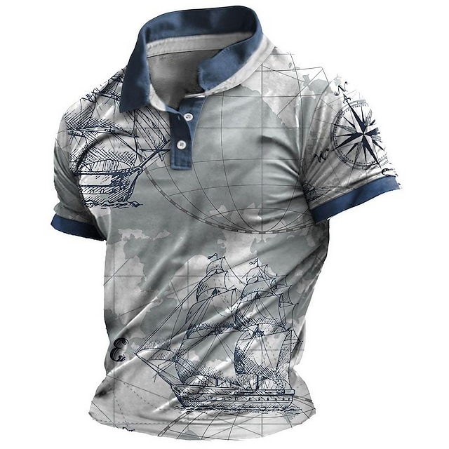  Men's Polo Shirt Golf Shirt Graphic Prints Compass Boat Turndown Blue Outdoor Street Short Sleeves Print Button-Down Clothing Apparel Sports Fashion Streetwear Designer