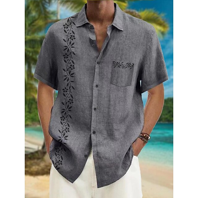  Men's Shirt Summer Hawaiian Shirt Graphic Prints Leaves Turndown Gray Outdoor Street Short Sleeves Button-Down Print Clothing Apparel Linen Tropical Fashion Hawaiian Designer