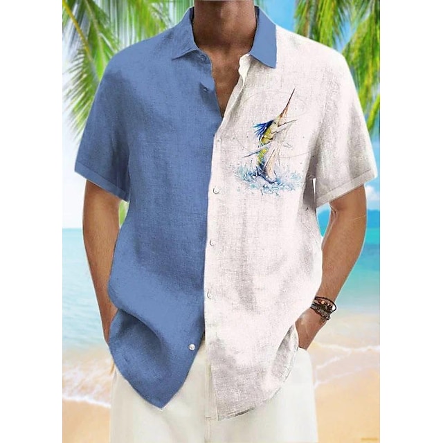  Men's Shirt Summer Hawaiian Shirt Graphic Prints Fish Turndown Blue Outdoor Street Short Sleeves Button-Down Print Clothing Apparel Linen Sports Fashion Streetwear Designer