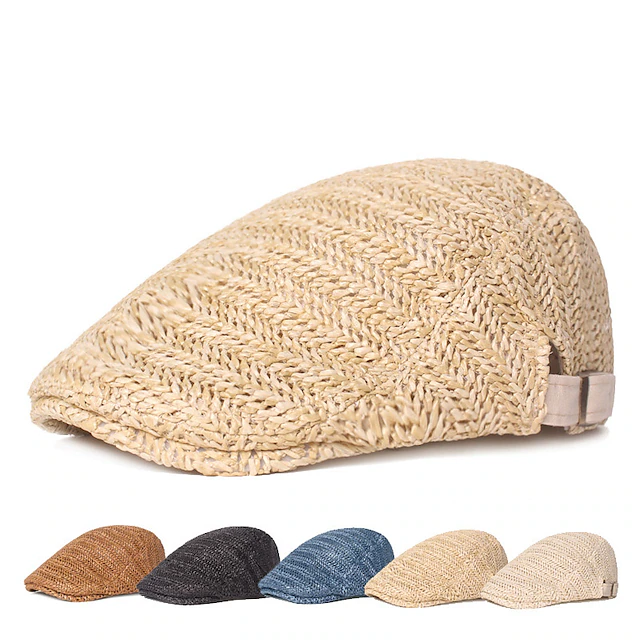 Men's Flat Cap Straw Hat Black Cream Polyester Fashion Streetwear Stylish 1920s Fashion Outdoor Daily Going out Plain Breathability 11