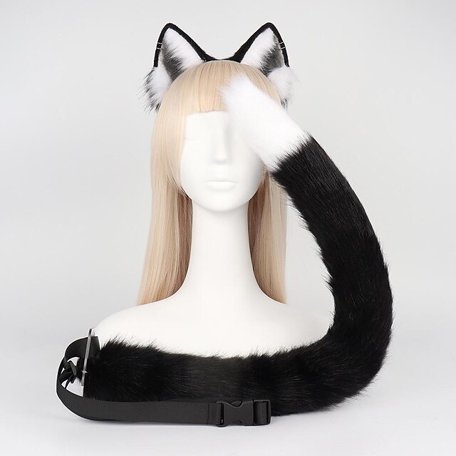  kattöron och svansset lurviga kattöron pannband med svans kattunge anime neko öron halloween cosplay party katt kostymtillbehör för kvinnor tjejer vuxna barn