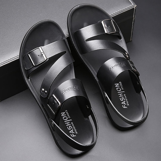  Men's PU Leather Sandals Flat Sandals Outdoor Beach Classic Casual Slippers Breathable Sandals Black Brown Summer