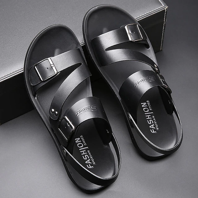 Men's Black Faux Leather Sandals with Double Buckle Straps and Cushioned Sole - Casual Summer Footwear for Daily Wear 7