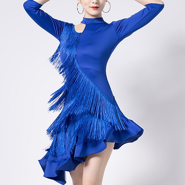  Latin Dance Dress Fringed Tassel Ruching Hollow-out Women‘s Performance Training Half Sleeve High Polyester
