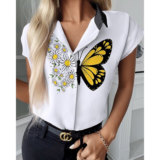  Women's Shirt Blouse White Red Blue Button Print Floral Butterfly Holiday Weekend Short Sleeve Shirt Collar Basic Regular Floral Butterfly S