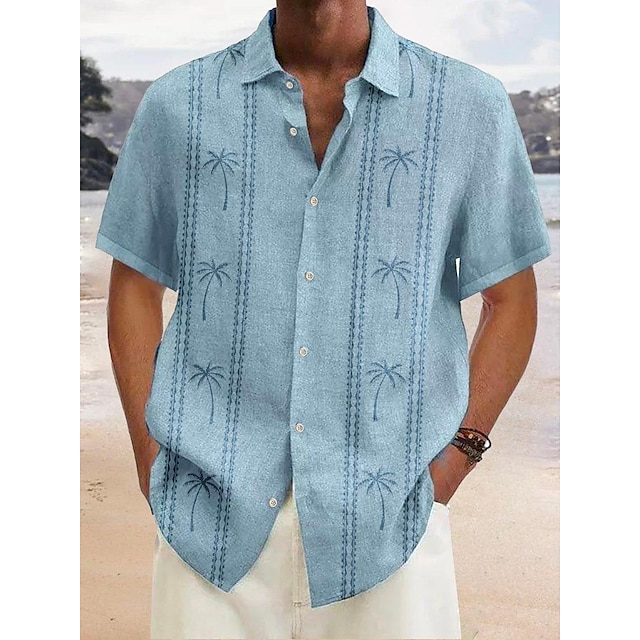  Men's Shirt Coconut Tree Striped Graphic Prints Turndown Blue Outdoor Street Short Sleeves Button-Down Print Clothing Apparel Linen Sports Fashion Streetwear Designer